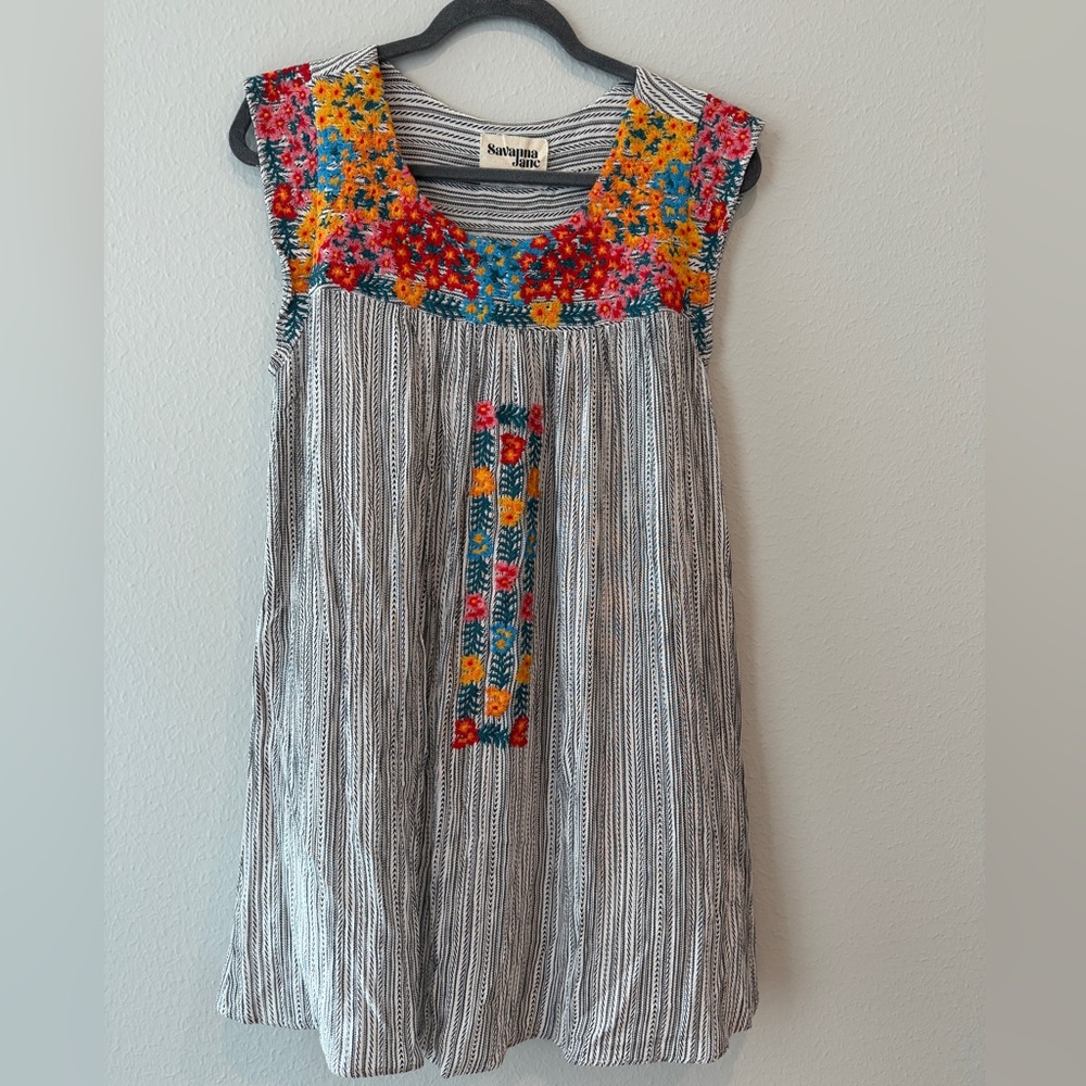 Savanna Jane Blue Stripe Dress with Multicolor Floral Embroidery